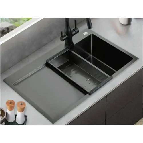 Мойка нерж. врезная GAPPO 78х50х21,5 см тол. 3 мм, чёрная, правая (сифон, коландер) GS7850-6R