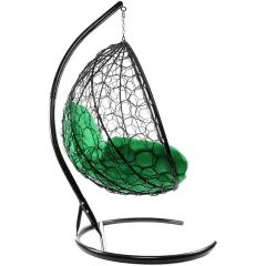 Кресло подвесное с ротангом XL черное с зеленой подушкой