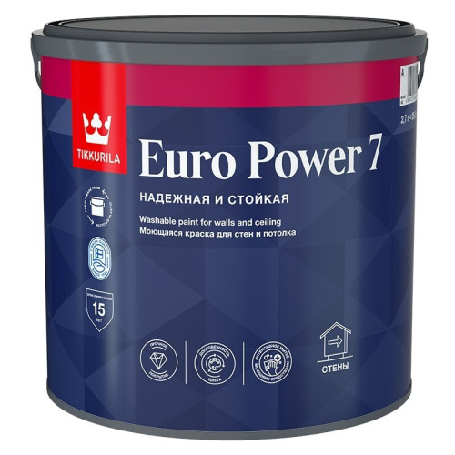 Краска в/д Тиккурила EURO POWER-7 Моющаяся для стен и потолков  2,7л