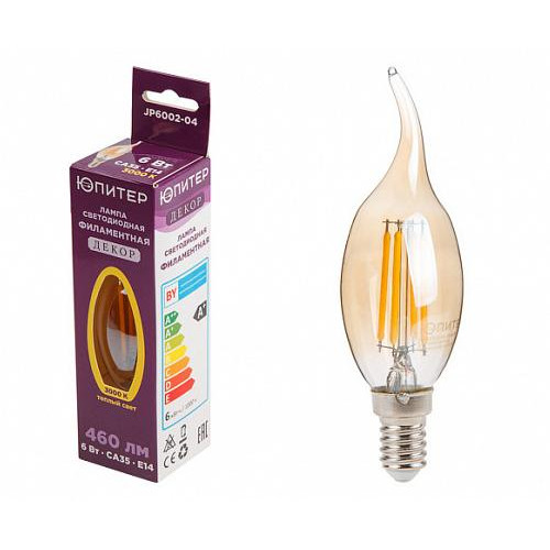 Лампа E14 светодиод.6Вт 3000К ЮПИТЕР филамент свеча на ветру