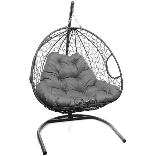 Кресло подвесное с ротангом ДЛЯ ДВОИХ серое с серой подушкой