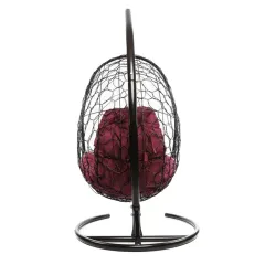 Кресло подвесное с ротангом ОВАЛ коричневое с бордовой подушкой
