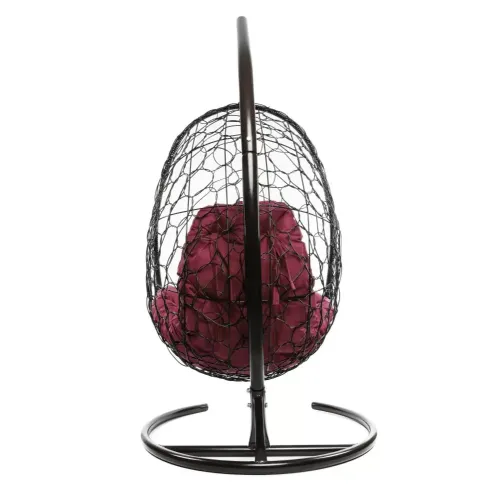 Кресло подвесное с ротангом ОВАЛ коричневое с бордовой подушкой