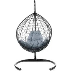 Кресло подвесное с ротангом Капля черное с пепельной подушкой