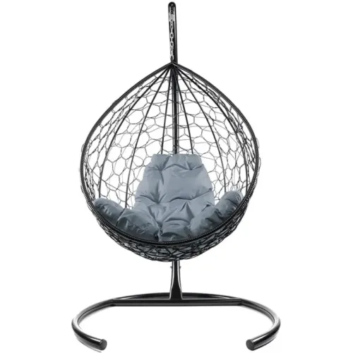 Кресло подвесное с ротангом Капля черное с пепельной подушкой