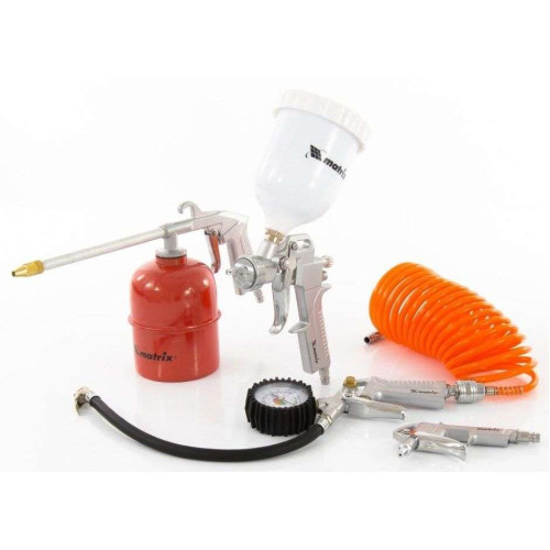 Набор пневмоинструмента MATRIX (5 предм., быстр. соед., краскорасп. с верхним бачком) (57304)