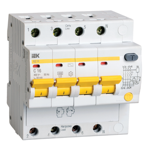 Дифференциальный автомат 4-пол. 16А С 30мА АД14 IEK MAD10-4-016-C-030 (22288)