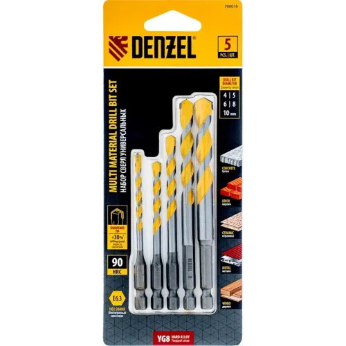 Набор сверл универсальных Denzel Multi cut 4-10мм, 5 шт (706016)