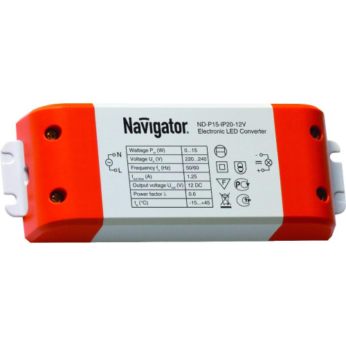 Источник пост.напряж.(драйвер) IP20 АС 220В/DC 12В 15 Вт /защ. от перегрева/ 123х44х19 Navigator (250559)